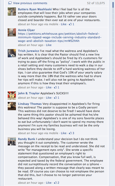 People lash out against Applebees on Facebook.